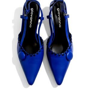 Giovanna Blue Leather Slingback Kitten Heels Pointed Toe Whipstitch Detail Sz 7